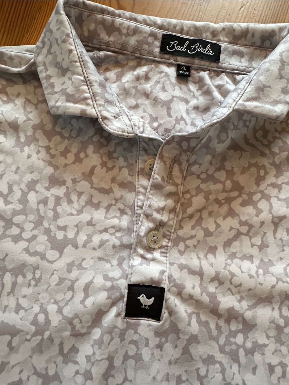 Bad Birdie Youth XL Polo — Light grey & white Camouflage Print, with light blue.